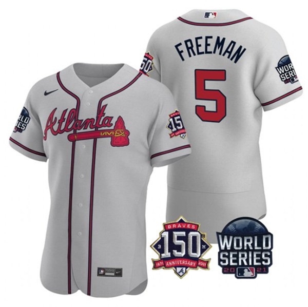 Men's Atlanta Braves #5 Freddie Freeman 2021 Grey World Series With 150th Anniversary Patch Stitched Baseball Jersey